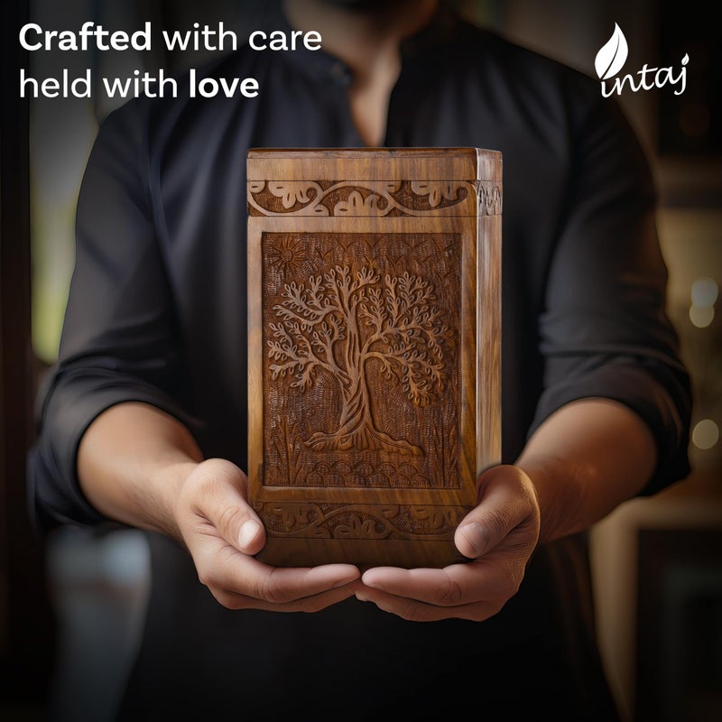 INTAJ Wooden Tree of Life Cremation Urns for Human Ashes â€“ Memorial Urn Box and Casket for Adult Male, Female, Child, or Pets (Cat/Dog) â€“ Burial Funeral Urn Holds Up to 180 Cubic Inches of Ashes - Image 5